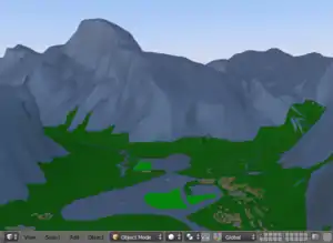 Пример с горами Йосемитского национального парка в США демонстрирует поддержку импорта рельефа. Здания размещаются на местности автоматически.