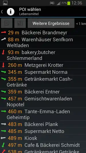 Umliegende POIs suchen, Öffnungszeiten auf einen Blick (rote/grüne/graue Pfeile)