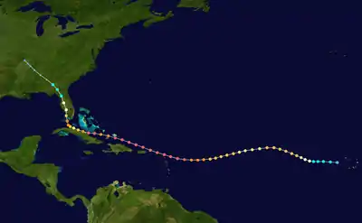 Track map of Hurricane Irma of the 2017 Atlantic hurricane season. The points show the location of the storm at 6-hour intervals. The colour represents the storm's maximum sustained wind speeds as classified in the Saffir–Simpson scale (see below), and the shape of the data points represent the nature of the storm. This track however does not show the full extent of areas that have been severely impacted, which extends to more than 100 km from the track.