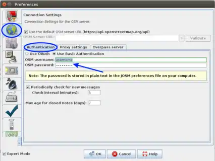Engels: OSM username & password