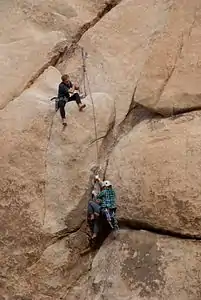 5.10b route on The Sentinel Rock at The Real Hidden Valey, Joshua Tree National Park USA