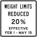 maxweight:conditional=12 st @ (Feb 1-May 15)maxweight:hgv:conditional=12 st @ (Feb 1-May 15 AND axles=2); 36800 lbs @ (Feb 1-May 15 AND axles=3); 43200 lbs @ (Feb 1-May 15 AND axles=4); 32 st @ (Feb 1-May 15 AND axles=5); 55600 lbs @ (Feb 1-May 15 AND axles=6); 31 st @ (Feb 1-May 15 AND axles>=7)maxweight:hgv_articulated:conditional=32 st @ (Feb 1-May 15)(80% of legal load limits for configurations 2F1, 3F1, 4F1/SU4, SU5, SU6, SU7, and 5C1, respectively)