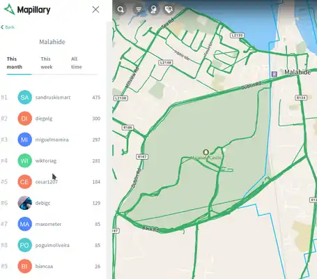 Dados obtidos pelos nossos alunos (a verde) e os nomes dos utilizadores OSM (coluna da esquerda) no Mapillary Resultados no Mapillary