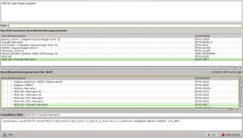 Pseudo Mercator EPSG:3857 wählen