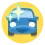 a blue car on a yellow background and some starts on the top
