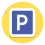 A parking street sign: It is a white P on a blue square with a white border; on a yellow background.