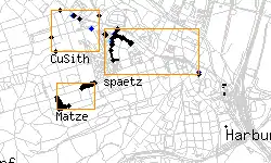 3 users in Hamburg with their work areas in orange, some new and moved nodes.