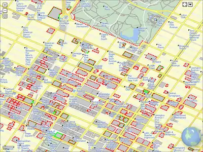 La representación de teselas del lado del cliente hace posible grandes niveles de ampliación (añadido en julio de 2012). Se usa un enfoque de teselas vectoriales con datos de edificios en OSM.
