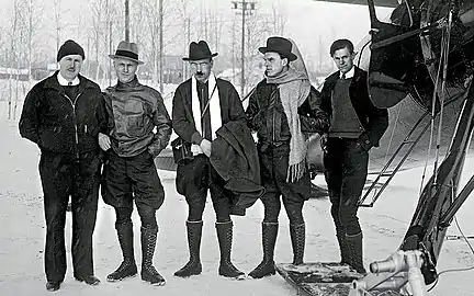 From left to right: Joe Crosson, Mavriky Slepnyov, Georgy Ushakov, Sigizmund Levanevsky, radio operator of Ladd Army Airfield in Alaska during the expedition to rescue the crew of SS Chelyuskin.