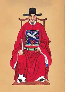 Vietnam's Trần Danh Án wearing an "ô sa mạo" hat (mũ cánh chuồn) influenced by wushamao（烏紗帽）