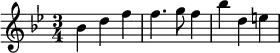 \relative c'' {
\time 3/4
\key bes \major
bes4 d f | f4. g8 f4 | bes d, e |
}