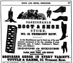 Advertisement for Tuttle & Oakes boots and shoes, 1848