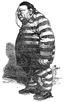 Caricature of a big, heavyset man in a striped convict suit