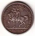 Reverse of the 1934–35 Australian florin commemorating the centenary of Melbourne, capital of Victoria. Designed by George Kruger Gray.