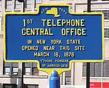 Image 66Historical marker commemorating the first telephone central office in New York State (1878) (from History of the telephone)
