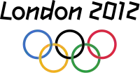 Four abstract shapes placed in a quadrant formation spelling out "2012". The word "London" is written in the shape representing the "2", while the Olympic rings are placed in the shape representing the "0".