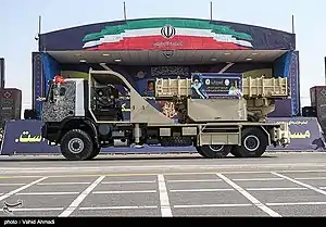 An Iranian military truck carries the new Kamin-2 air defense system on a military parade on Sep 2019