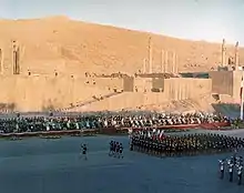 Soldiers in the parade with the series of Imperial flags during the 2,500 year celebration of the Persian Empire.