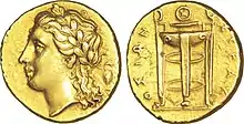 Electrum, a natural alloy of silver and gold, was often used for making coins. Shown is the Roman god Apollo, and on the obverse, a Delphi tripod (circa 310–305 BCE).