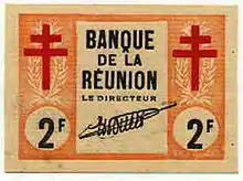 2 franc note issued by the Banque de la Réunion, 1943