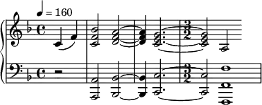  { \new PianoStaff << \new Staff \relative c' { \clef treble \key f \major \time 4/4 \tempo 4 = 160 \partial 2*1 c4( f) | <bes f c>2 <a f d>~ | <a f d>4 <g e c>2.~ | \time 3/2 <g e c>2 a,2 } \new Staff \relative c { \clef bass \key f \major \time 4/4 r2 | <a a,>2 <bes bes,>2~ | <bes bes,>4 <c c,>2.~ | \time 3/2 <c c,>2 <f f, f,>1 } >> } 
