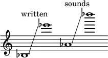 
    {
      \new Staff \with { \remove "Time_signature_engraver" }
      \clef treble \key c \major ^ \markup "written" \cadenzaOn
      bes1 \glissando ees'''1
      aes'1 ^ \markup "sounds" \glissando des''''1
    }
  