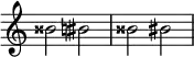  {
\override Score.TimeSignature #'stencil = ##f
\relative c'' {
  \clef treble \key c \major \time 4/4 \hide Staff.TimeSignature bisis2 bis \accidentalStyle modern bisis2 bis
} }
