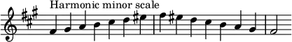 {
\override Score.TimeSignature #'stencil = ##f
\relative c' {
  \clef treble \key fis \minor \time 7/4
  fis4^\markup "Harmonic minor scale" gis a b cis d eis fis eis d cis b a gis fis2
} }

