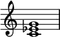 
{
\override Score.TimeSignature #'stencil = ##f
\relative c' {
   \clef treble 
   \time 4/4
   \key c \major
   <c es g>1
} }
