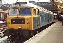 Class 47/0 No.47&nbsp;100 in the modified Rail Blue livery with a silver roof, used by Stratford TMD