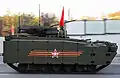 Ribbon of Saint George decal on the Kurganets-25, a Soviet flag is also prominent