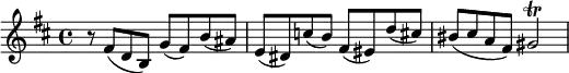  {
    \relative c' {
        \set Score.tempoHideNote = ##t \tempo 4 = 96
        \time 4/4 \key b \minor
        r8 fis( d b) g'( fis) b( ais) 
        e( dis) c'( b) fis( eis) d'( cis!) bis( 
        cis( a fis) gis2\trill
    }

}
