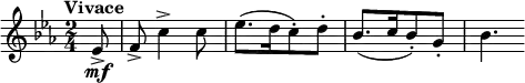  \relative c' { \clef treble \key c \minor \time 2/4 \tempo "Vivace" \partial 8*1 ees8\mf-> | f-> c'4-> c8 | ees8.([ d16 c8-.) d-.] | bes8.([ c16 bes8-.) g-.] | bes4. } 