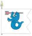 The traditional Colour of the 7. Pintatorjuntalaivue (7th Surface Combat Flotilla) of the Coastal Navy features a blue Lion of Finland with a fish tail, striking with a trident.