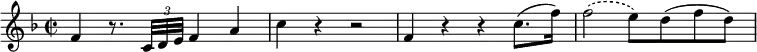 \relative c' {
\override Score.NonMusicalPaperColumn #'line-break-permission = ##f
\key f \major
\time 2/2
f4 r8. \times 2/3 {c32 d e} f4 a | c r r2 | f,4 r r c'8.(f16) | \slurDashed f2(e8) \slurSolid d(f d) |
}