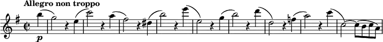 
\relative c''' {
  \tempo "Allegro non troppo"

  \set Score.tempoHideNote = ##t \tempo 4 = 120

  \key e \minor
  \time 2/2
  \clef treble
  \set Staff.midiInstrument = "string ensemble 1"
  \bar ""

  \partial 4 b4\p(
  g2) r4 e(
  c'2) r4 a(
  fis2) r4 dis(
  b'2) r4 e(
  e,2) r4 g(
  b2) r4 d(
  d,2) r4 f(
  a2) r4 c(
  c,2)~ c8( b c a)
}
