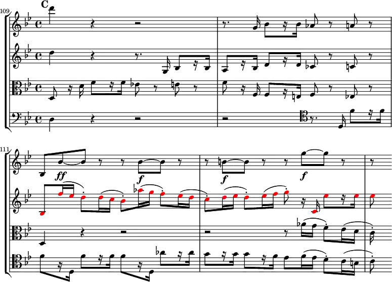 
    { 
#(set-global-staff-size 16)
<< \new StaffGroup <<
        \new Staff <<
            \set Score.currentBarNumber = #109
            \clef treble \key bes \major \time 4/4
            \bar ""
            \relative c''' {
                \clef treble \key bes \major \time 4/4
                \mark #3
                d4 r r2 
                r8. g,,16 bes8[ r16 bes] aes8 r a 
                r bes, bes'~\ff bes r r bes~\f bes r 
                r b~\f b r r g'~\f g r
                r8
                }
            >>
        \new Staff <<
            \clef treble \key bes \major \time 4/4
            \new Voice \relative c'' {
                d4 r r8. g,,16 bes8[ r16 bes]
                a8[ r16 bes] d8[ r16 d] ces8 r c r
                \override NoteHead.color = #red bes f''16( es d8-.) d16( c bes8-.) aes'16( g f8-.) es16( d
                c8-.) d16( es d8-.) es16( f g8-.) r16 c,, es'8[ r16 es]
                es8
                }
            >>
        \new Staff <<
            \clef alto \key bes \major \time 4/4
            \new Voice \relative c {
                d8 r16 d' f8[ r16 f] es!8 r e r
                f8 r16 f, f8[ r16 e] f8 r es8 r
                d4 r r2
                r2 r8 aes''16( g f8-.) es16( d
                c-.)
                }
            >>
        \new Staff <<
            \clef bass \key bes \major \time 4/4
            \new Voice \relative c {
                d4 r r2
                r2 \clef tenor r8. d16 f'8[ r16 f]
                f8[ r16 d,] f'8[ r16 f] f8[ r16 d,] aes''8[ r16 aes]
                g8[ r16 g] g8[ r16 f] es8[ f16( es] d8-.) c16( b
                c8-.)
                }
         >>
    >>
>> }
