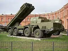 BM-30 Smerch 300&nbsp;mm rocket launcher in raised position