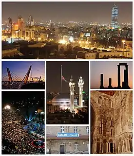 Top to bottom, left to right: Abdali Project dominating Amman's skyline; Abdoun Bridge; King Abdullah I Mosque and Raghadan Flagpole; Temple of Hercules on Amman Citadel ; Roman Theater; Ottoman Hejaz railway station; and Umayyad Palace