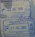 Entry and exit stamps from the Argentina-Brazil border at Puerto Iguazu. Shown here in a U.S. Passport.