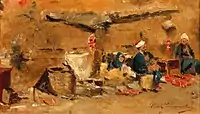 A market scene, signed Paul Joanovitsch, oil on panel, 13.5 x 23 cm, framed.