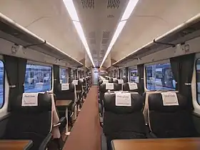 The interior of a Greater Anglia refurbished Mark 3 First Class with revised interior lighting and InterCity 80 seats as per the APT