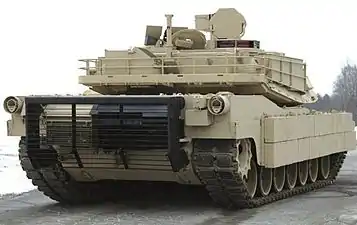 Slat armor protecting the engine exhaust port at the rear of the hull of an M1 Abrams