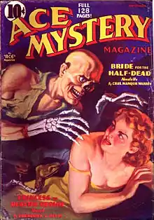 A man who is partially a skeleton reaches for a woman