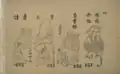 From right to left, mob fighting (quần thảo 羣討), practicing with shields (tập mộc 習木), divination with an evil spirit (phụ đồng tà 負童邪), bunches of rice stalks (bó lúa ở ruộng 抪穭於𪽞).