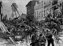 Authorities averting looting on Main Street, as depicted in a June 15, 1889 illustration in Harper's Weekly