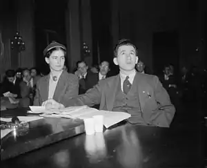 Agnes Reynolds and Joseph P. Lash of the American Student Union before the Dies Committee, 1939.
