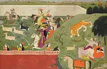 'Ala'ud-Din and Mahima Dharma hunting a tiger while in an intimate relationship, Punjab, South Asia, 1790