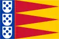 Blue vertical banner on the left with 3 vertically stacked white shields with 5 blue points each. Alternating red and yellow triangles on the rest of the flag.