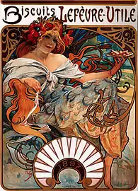 Biscuits Lefèvre-Utile, advertisement; by Alfons Mucha; 1897; lithograph; 62 × 43.5&nbsp;cm; private collection